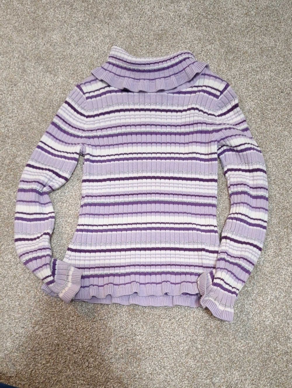 Ribbed Striped Turtleneck Sweater - Lavender/White